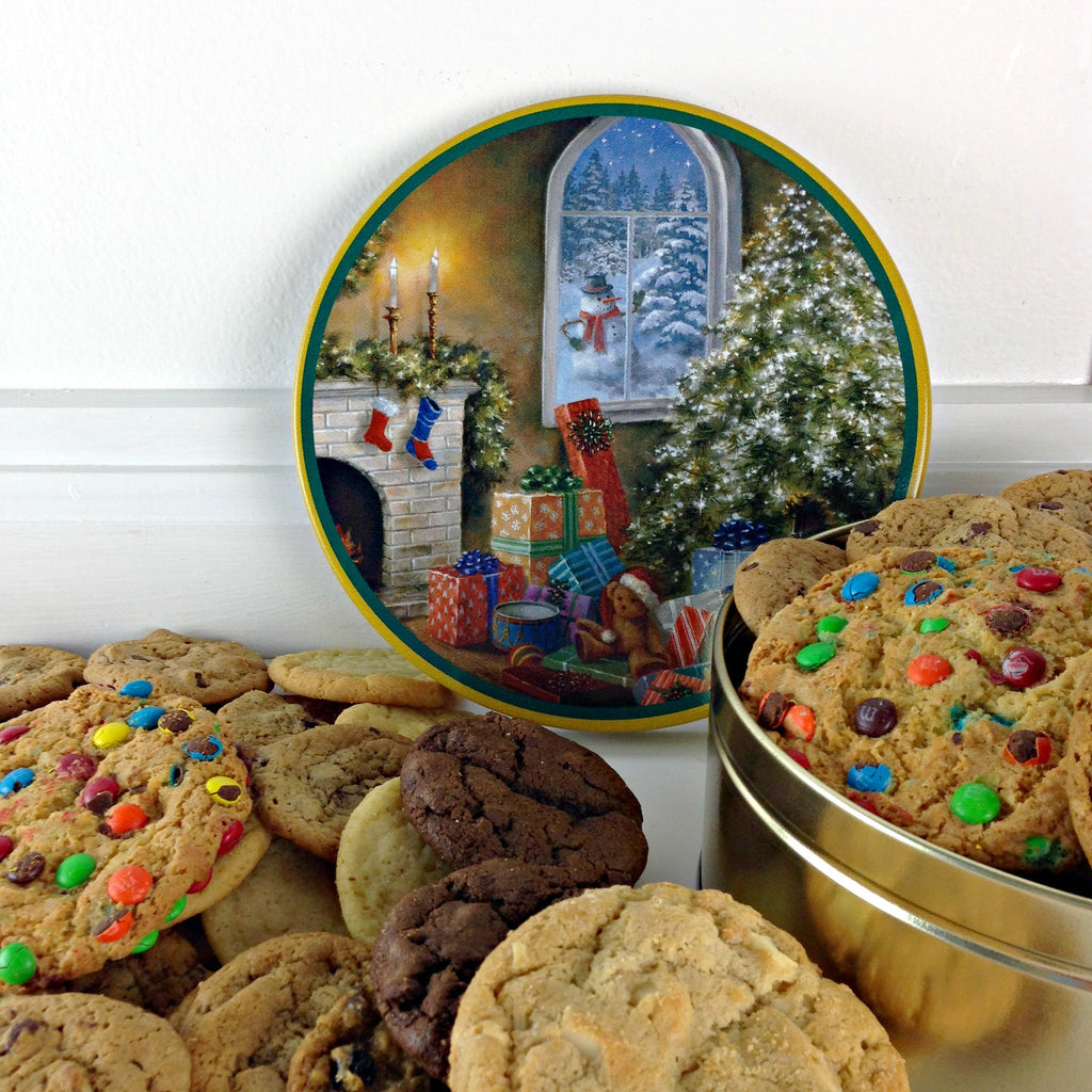 Christmas Tree Scene Keepsake Cookie Tin- 2 lb. cookies of your choice